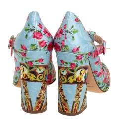 Pre Owned Dolce & Gabbana Blue Floral Print Fabric T-Strap Pumps Size 40