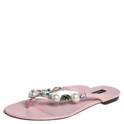 Pre Owned Dolce & Gabbana Pink Leather Crystal Embellished Thong Flat Sandals Size 37.5