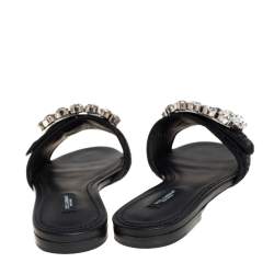 Pre Owned Dolce & Gabbana Black Woven Raffia Crystal Embellished Flat Slides Size 37