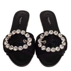 Pre Owned Dolce & Gabbana Black Woven Raffia Crystal Embellished Flat Slides Size 37