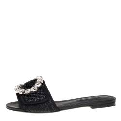Pre Owned Dolce & Gabbana Black Woven Raffia Crystal Embellished Flat Slides Size 37