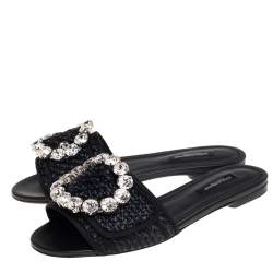 Pre Owned Dolce & Gabbana Black Woven Raffia Crystal Embellished Flat Slides Size 37