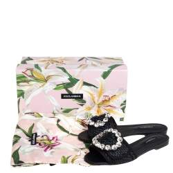 Pre Owned Dolce & Gabbana Black Woven Raffia Crystal Embellished Flat Slides Size 37