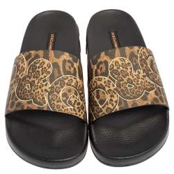 Pre Owned Dolce & Gabbana Brown/Black Leopard Print Rubber Saint Barth Slide Sandals Size 39