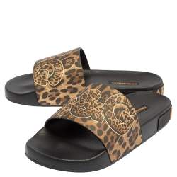 Pre Owned Dolce & Gabbana Brown/Black Leopard Print Rubber Saint Barth Slide Sandals Size 39