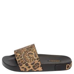 Pre Owned Dolce & Gabbana Brown/Black Leopard Print Rubber Saint Barth Slide Sandals Size 39
