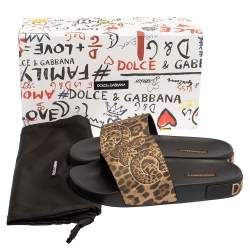 Pre Owned Dolce & Gabbana Brown/Black Leopard Print Rubber Saint Barth Slide Sandals Size 39