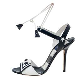 Pre Owned Dolce & Gabbana White/Navy Blue Patent Leather Keira Ankle Tie Sandals Size 39