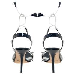 Pre Owned Dolce & Gabbana White/Navy Blue Patent Leather Keira Ankle Tie Sandals Size 39