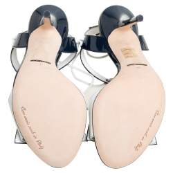 Pre Owned Dolce & Gabbana White/Navy Blue Patent Leather Keira Ankle Tie Sandals Size 39