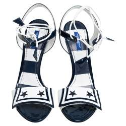 Pre Owned Dolce & Gabbana White/Navy Blue Patent Leather Keira Ankle Tie Sandals Size 39