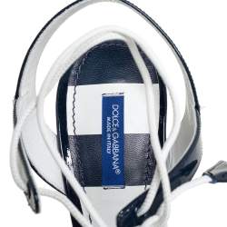 Pre Owned Dolce & Gabbana White/Navy Blue Patent Leather Keira Ankle Tie Sandals Size 39