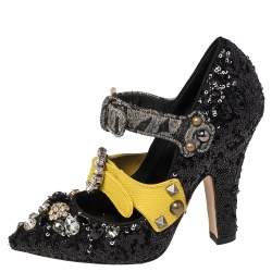 Pre Owned Dolce & Gabbana Black Mixed Media Crystal Embellished Mary Jane Pumps Size 36