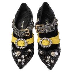 Pre Owned Dolce & Gabbana Black Mixed Media Crystal Embellished Mary Jane Pumps Size 36