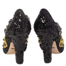 Pre Owned Dolce & Gabbana Black Mixed Media Crystal Embellished Mary Jane Pumps Size 36