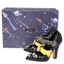 Pre Owned Dolce & Gabbana Black Mixed Media Crystal Embellished Mary Jane Pumps Size 36