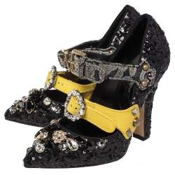 Pre Owned Dolce & Gabbana Black Mixed Media Crystal Embellished Mary Jane Pumps Size 36