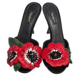 Pre Owned Dolce & Gabbana Black Satin Rose Embellished Slide Sandals Size 39