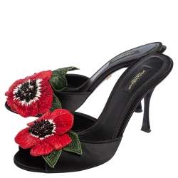 Pre Owned Dolce & Gabbana Black Satin Rose Embellished Slide Sandals Size 39