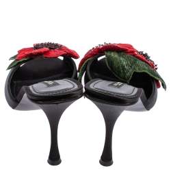 Pre Owned Dolce & Gabbana Black Satin Rose Embellished Slide Sandals Size 39