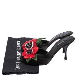 Pre Owned Dolce & Gabbana Black Satin Rose Embellished Slide Sandals Size 39