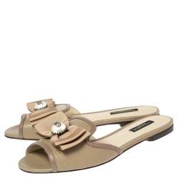Pre Owned Dolce & Gabbana Grey Lizard Embossed Leather Bow Flat Slides Size 37