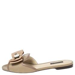 Pre Owned Dolce & Gabbana Grey Lizard Embossed Leather Bow Flat Slides Size 37
