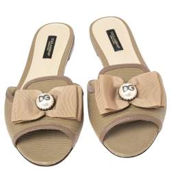 Pre Owned Dolce & Gabbana Grey Lizard Embossed Leather Bow Flat Slides Size 37