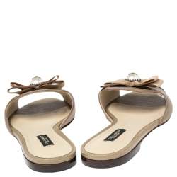 Pre Owned Dolce & Gabbana Grey Lizard Embossed Leather Bow Flat Slides Size 37