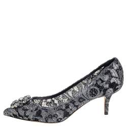 Pre Owned Dolce & Gabbana Metallic Grey Lace Bellucci  Pointed Toe Pumps Size 40.5