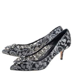Dolce & Gabbana Metallic Grey Lace Bellucci  Pointed Toe Pumps Size 40.5