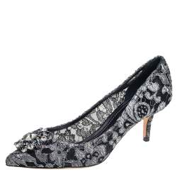 Dolce & Gabbana Metallic Grey Lace Bellucci  Pointed Toe Pumps Size 40.5