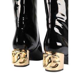 Pre Owned Dolce & Gabbana Black Patent Leather And Gold DG Karol heel Boots Size EU 37