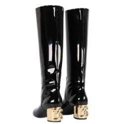 Pre Owned Dolce & Gabbana Black Patent Leather And Gold DG Karol heel Boots Size EU 37