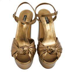 Pre Owned Dolce & Gabbana Gold Knotted Metallic Leather Platform Sandals Size EU 40