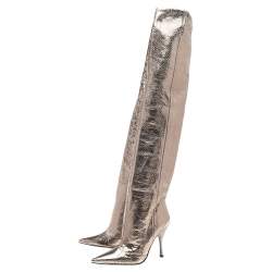 Dolce & Gabbana Metallic Grey Snakeskin Leather Over Knee Length Boots Size 38