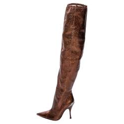 Pre Owned Dolce & Gabbana Metallic Gold-Brown Snakeskin Leather  Pointed Boots Size 36