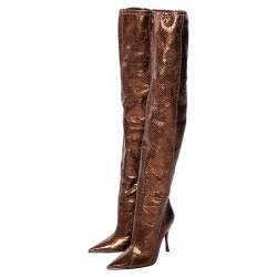 Pre Owned Dolce & Gabbana Metallic Gold-Brown Snakeskin Leather  Pointed Boots Size 36