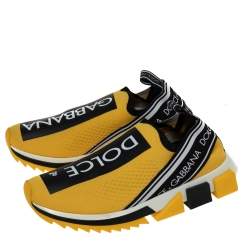 Pre Owned Dolce & Gabbana Yellow Knit Fabric Sorrento Logo Slip-On Sneakers Size 38.5