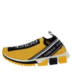 Pre Owned Dolce & Gabbana Yellow Knit Fabric Sorrento Logo Slip-On Sneakers Size 38.5
