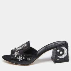 Pre Owned Dolce & Gabbana Black Glitter Bianca Star And Moon Embellished Slide Sandals Size 38