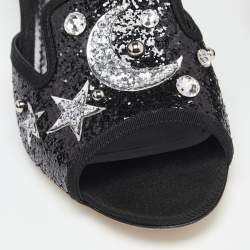 Pre Owned Dolce & Gabbana Black Glitter Bianca Star And Moon Embellished Slide Sandals Size 38