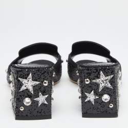 Pre Owned Dolce & Gabbana Black Glitter Bianca Star And Moon Embellished Slide Sandals Size 38