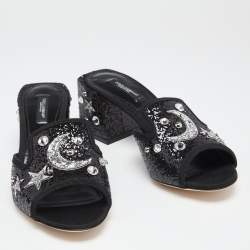 Pre Owned Dolce & Gabbana Black Glitter Bianca Star And Moon Embellished Slide Sandals Size 38