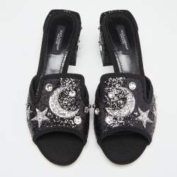 Pre Owned Dolce & Gabbana Black Glitter Bianca Star And Moon Embellished Slide Sandals Size 38