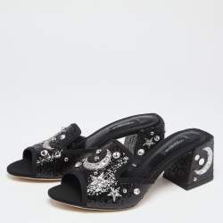 Pre Owned Dolce & Gabbana Black Glitter Bianca Star And Moon Embellished Slide Sandals Size 38