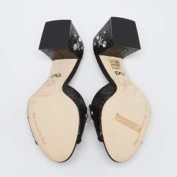 Pre Owned Dolce & Gabbana Black Glitter Bianca Star And Moon Embellished Slide Sandals Size 38