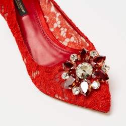 Pre Owned Dolce & Gabbana Red Lace Bellucci Pointed-Toe Pumps Size 39