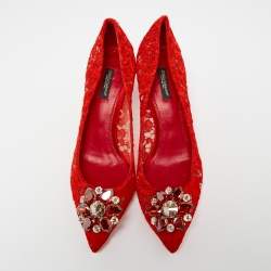 Pre Owned Dolce & Gabbana Red Lace Bellucci Pointed-Toe Pumps Size 39