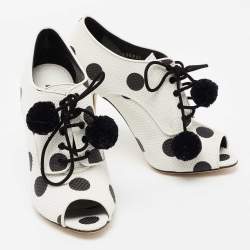 Pre Owned Dolce & Gabbana White/Black Leather Polka Dot Peep Toe Ankle Boots Size 38.5